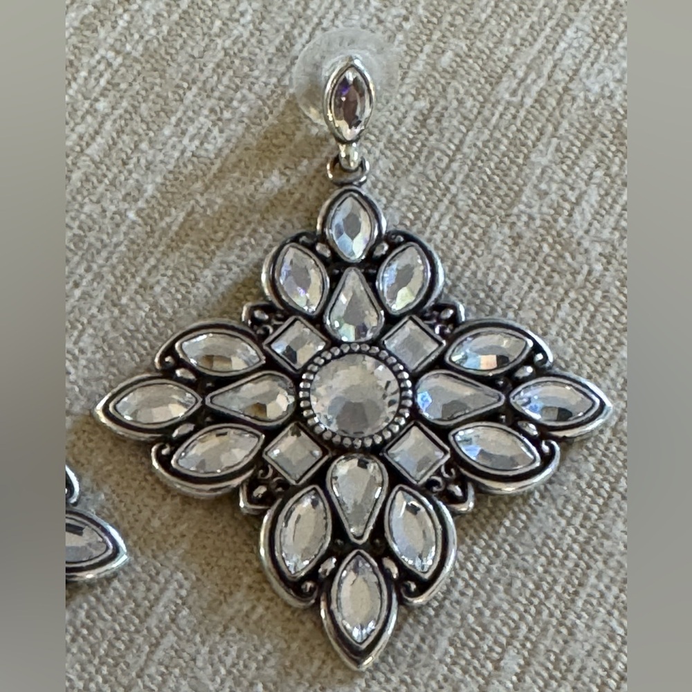 Brighton Silver-Tone Swarovski Crystal Floral Dangle Earrings - Picture 5 of 10